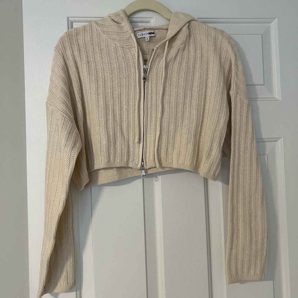 Fashion Nova Cream Cropped Ribbed Zip Hoodie